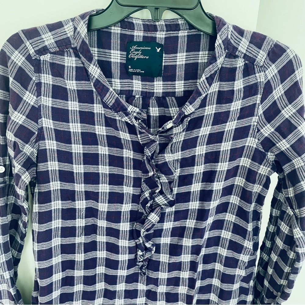 AEO Cotton Plaid Ruffle Neck Long Sleeve Top Purple Size 6 - Picture 4 of 11